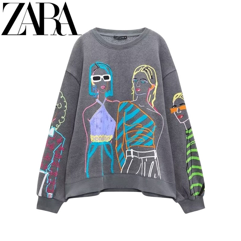 Áo Zara Nỉ Cổ Tròn In Họa Tiết ZARA Thời Trang Mùa Thu BN57O59