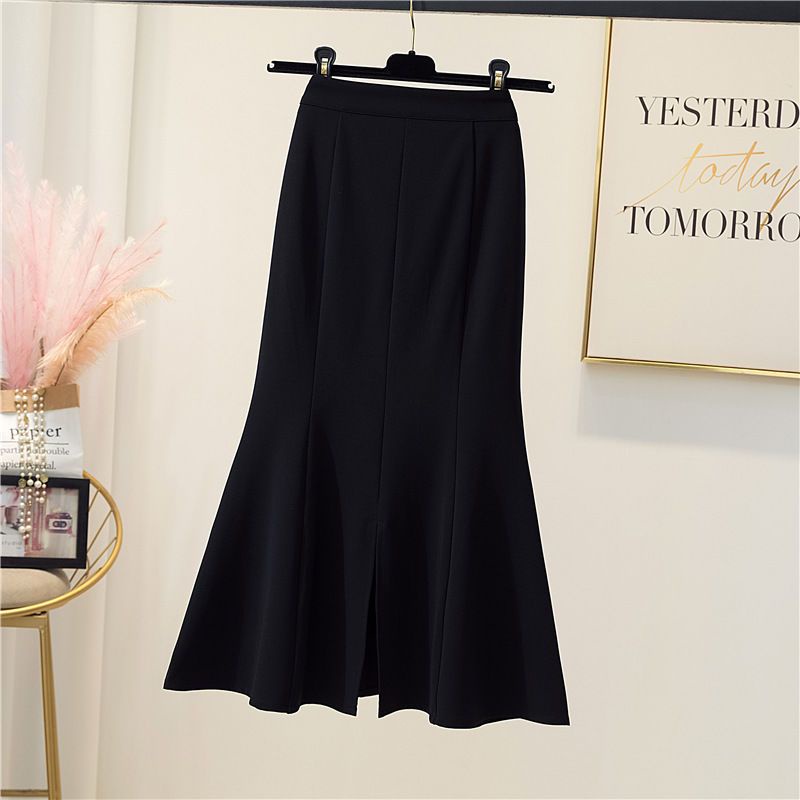 UIOWOO  Chân Váy Đuôi Cá Dáng Dài Xẻ Tà Màu Đen Lưng Cao Thời Trang Quyến Rũ Cho Nữ Thời trang rắn màu