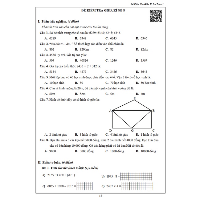 Đề Kiểm Tra Toán Lớp 3 - Học kì 2 - Kết nối tri thức với cuộc sống