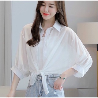Set 2 món áo sơ mi tay dài cột eo+ 2 dây trơn
