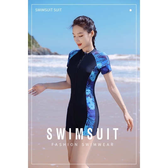 Hình thật -Đồ bơi liền thân quần đùi phối hoạ tiết hoa xanh