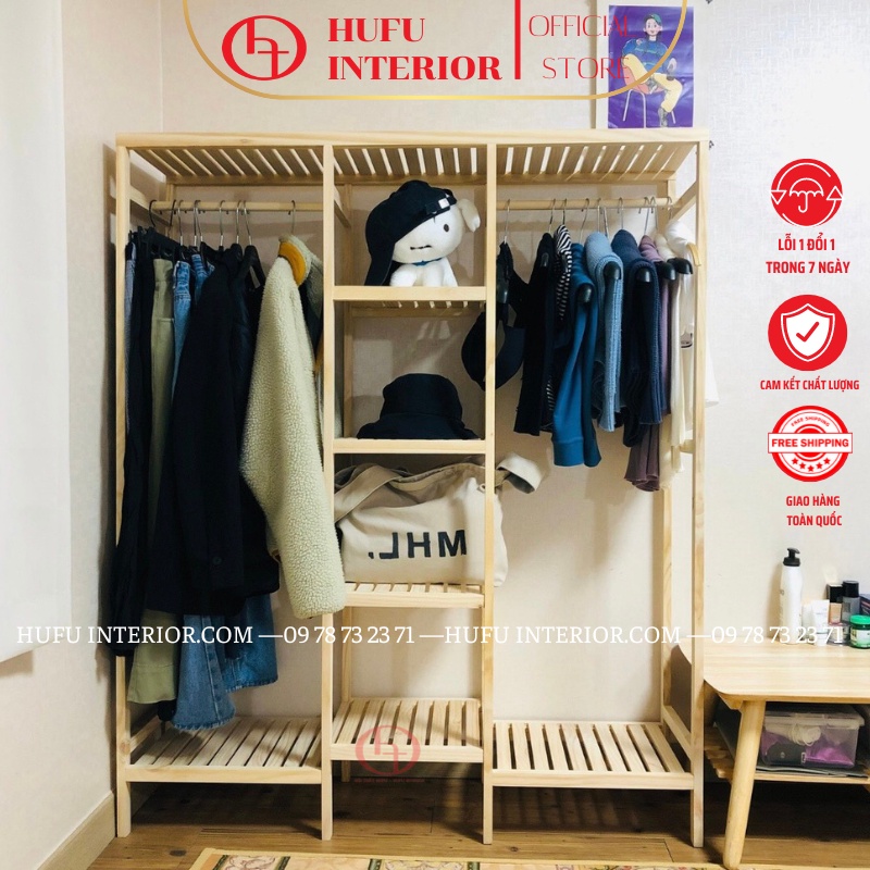 Tủ treo quần áo, kệ quần áo bằng gỗ thông Mỹ bảo hành 2 năm - HUFU INTERIOR