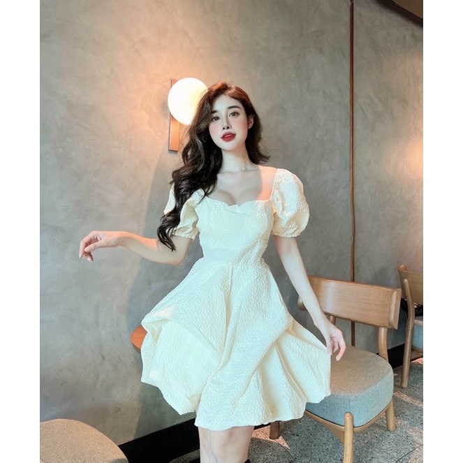 Đầm xốp kem xoè bí phồng ngắn cổ vuông Đầm váy đi chơi dạo phố dự tiệc sang trọng quý phái hotgirl thiết kế party