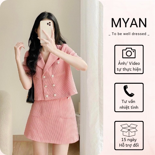 Set Áo Chân Váy Dạ Tweet MYAN Thiết Kế Croptop Cổ Vest 2 Túi Ngực Cúc Ngọc Váy Chữ A Có Quần Màu Xanh Hồng SVN102201