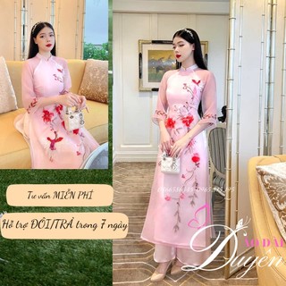 Áo dài cách tân 4 tà họa tiết chim hoa màu đỏ vải oranga
