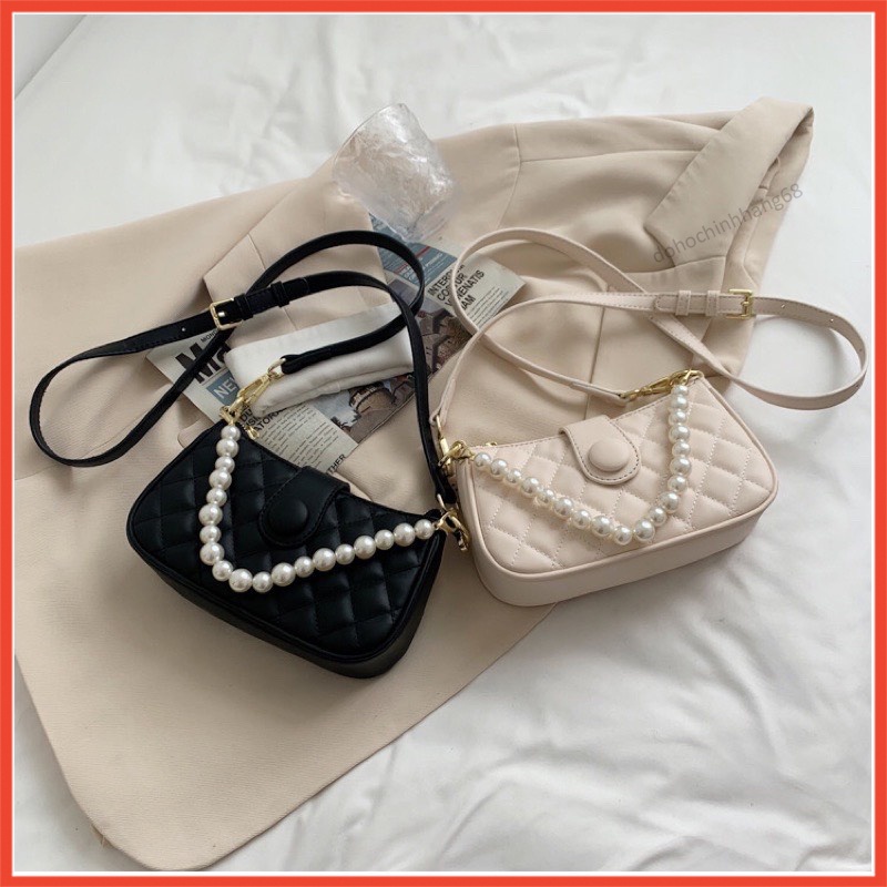 Túi Xách Nữ Đẹp Trần Trám Khoá Lắp Cúc Kèm Dây Ngọc, Đeo Chéo Đeo Vai Phong Cách Trẻ Trung