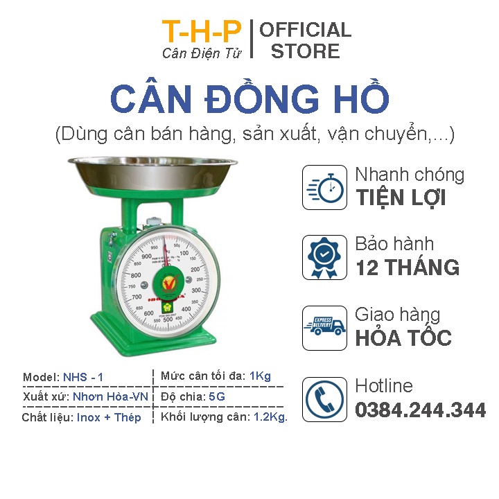 Cân đồng hồ Nhơn Hòa 1Kg - Đĩa cân Inox - Vỏ cân thép sơn tĩnh điện