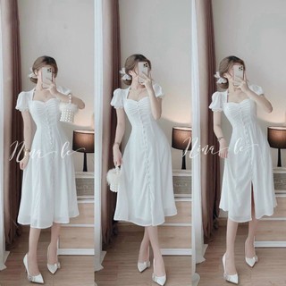 Đầm Váy Nữ Chất Đũi Nhăn Đính Nút Bọc Nhún Ngực Tay Bèo Thiết Kế Sang Chảnh Đi Làm Công Sở, Dạ Hội Và Du Lịch Cực Xinh