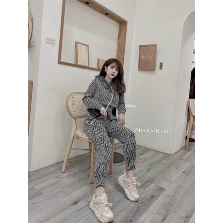 [11.11 Sale Freeship] Set bộ thời trang nữ,set bộ thun áo tay dài có mũ kèm quần dài có túi in họa tiết đi chơi dạo phố