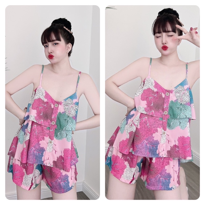 Set bộ đồ ngủ nữ áo 2 dây lụa xước 2 tầng form rộng và quần ngắn lưng chun co giãn