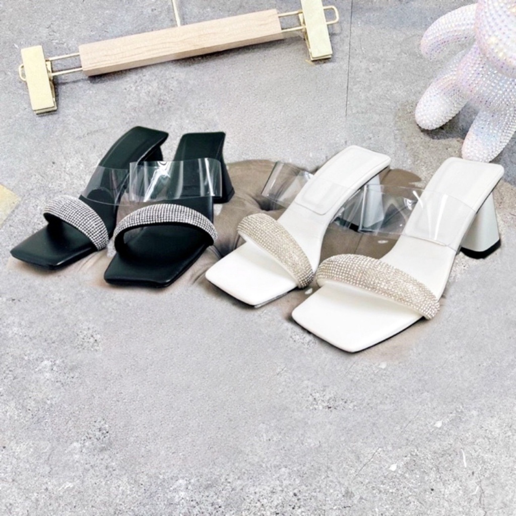 Dép Cao Gót Nữ 7 Phân quai đôi đính đá gót tam giác  Siêu Xinh