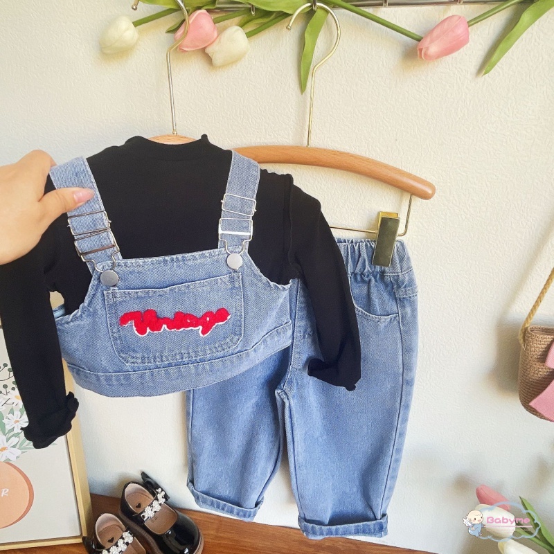 Set Đồ 3 Món Gồm Áo Hai Dây + Quần Jeans Ống Rộng + Áo Khoác Thoải Mái Cho Bé Gái