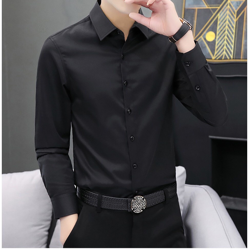 Áo sơ mi dài tay Hàn Quốc màu đỏ đô vải cotton lụa chống nhăn mềm mát