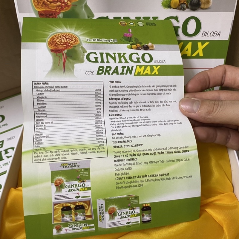 Viên bổ não thông mạch Ginkgo Biloba Cere Brain Max - Ginkgo 600mg giúp bổ não - Ginkgo Brain max Hộp 2 lọ x 30 viên