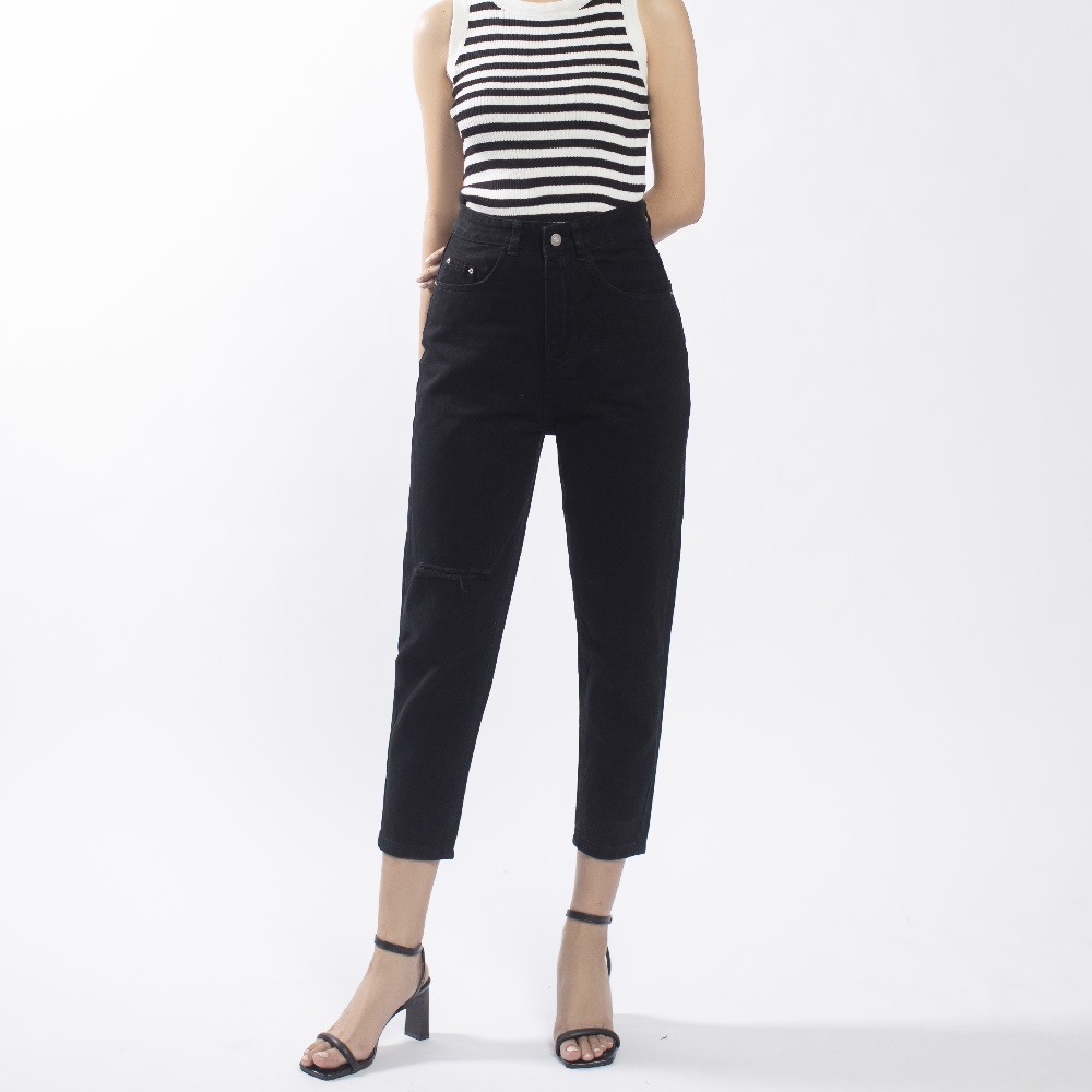 Quần baggy jean nữ rách gối lưng cao 2 màu năng động BG04 - La’coba