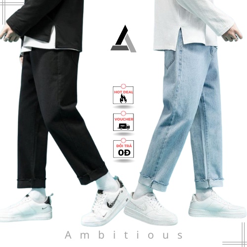 Quần Jean Nam Rách Gối RG Dáng Baggy Ống Suông Rộng Phong Cách Unisex 2 Màu Xanh Nhạt Đen Trơn Có Tại Ambitious Store