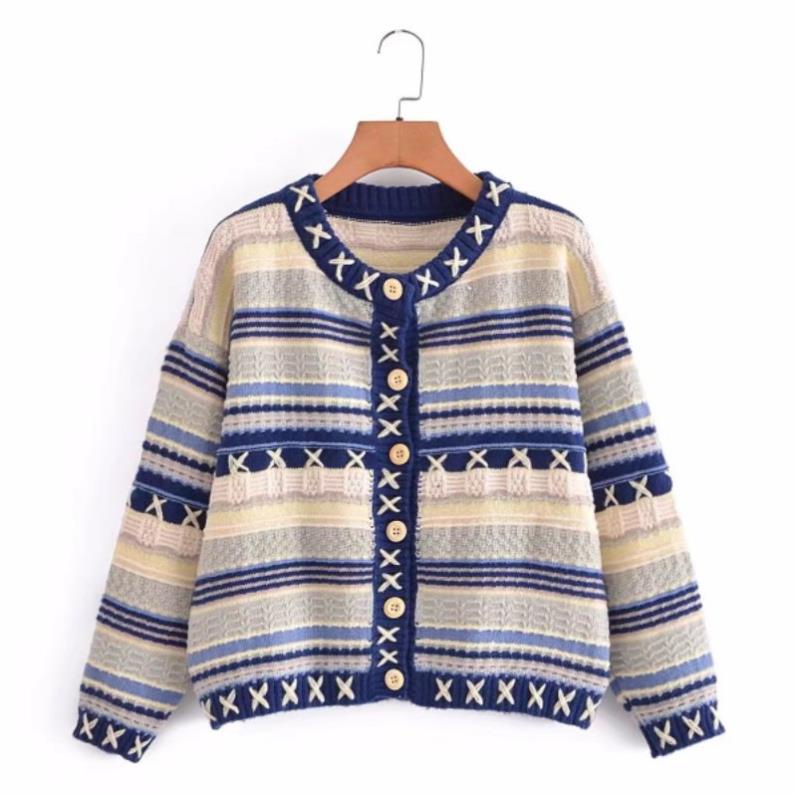 Made in Morocco - áo Zara khoác len sọc ngang xanh vàng nút gỗBN4944