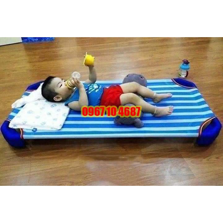 Giường lưới trẻ em mầm non XANH DƯƠNG, 2 Thanh đỡ lưng inox  dùng cho bé mầm non