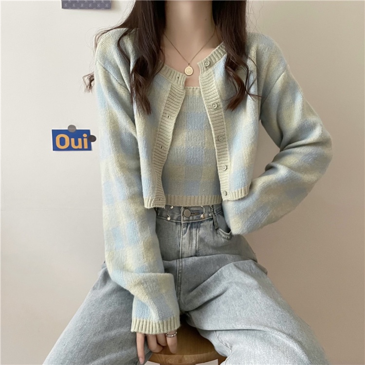 Set Áo Len Tay Dài Sọc Caro + Áo Khoác Ghi Lê Thời Trang Nữ