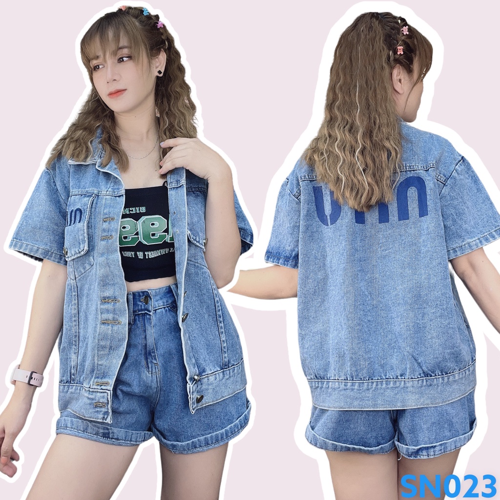 Sét Jean áo Croptop tay ngắn cổ bẻ cài nút quần đùi siêu đẹp (SN023)