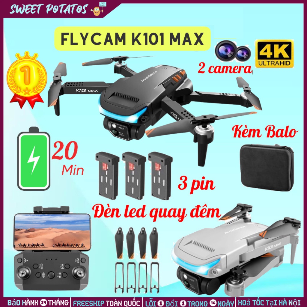 ⚡️ Mẫu Hót 2023⚡️Flycam mini Camera HD K101 Max, Plycam cảm biến va chạm - mắt quang - chỉnh gốc camera trên remote
