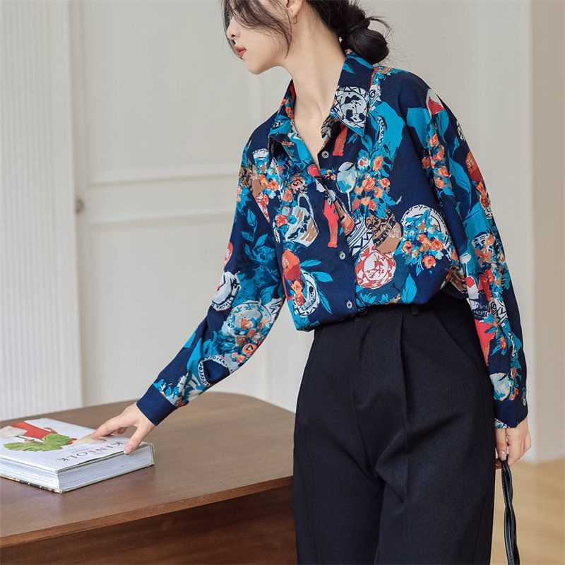 Áo Sơ Mi Tay Dài Dáng Rộng In Họa Tiết Kiểu Retro Hàn Quốc Xinh Xắn Cho Nữ