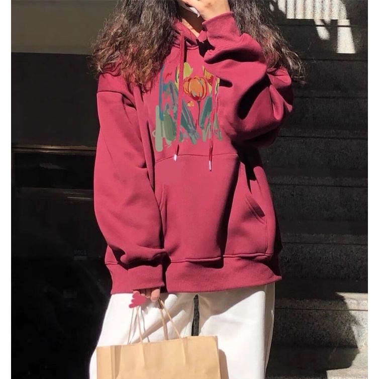 Áo Hoodie Nỉ Bông Tay Dài Hoạ Tiết Tranh Vẽ Hoa Có Mũ Túi Bụng
