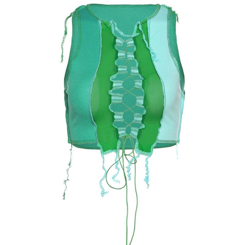 Áo Croptop Sát Nách Cột Dây Phối Lưới Màu Sắc Khối Rỗng Cho Nữ