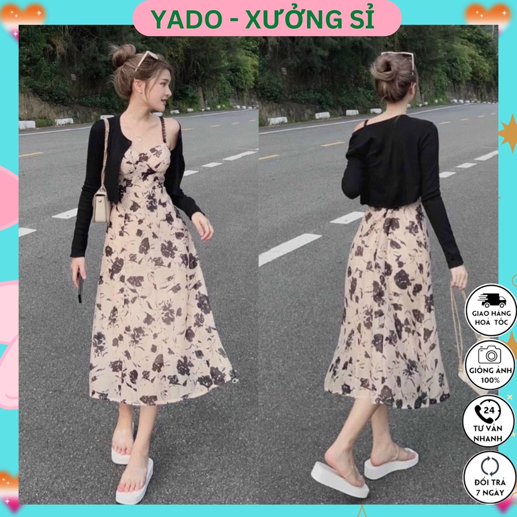 Đầm nữ 2 dây phối ren cúp ngực dáng dài kèm áo khoác Cardigan YADO, váy nữ họa tiết 1 màu hoa nhí đi chơi đi tiệc V53