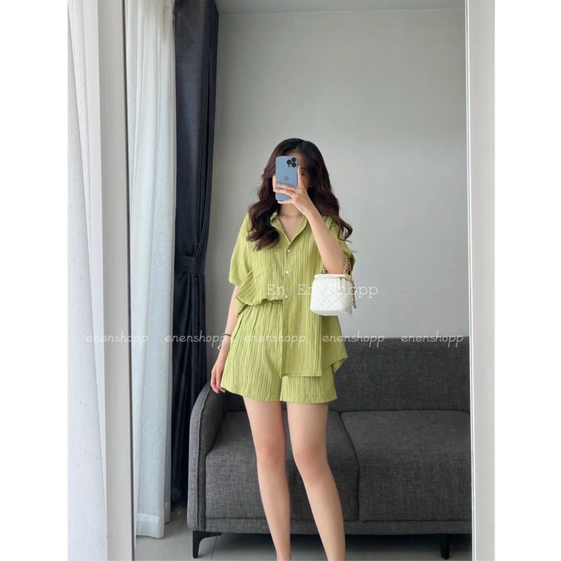 Sét Đồ Bộ Voan Áo Sơ Mi Cổ Bẻ Tay Ngắn Kèm Dây Cột Sau Lưng kết Hợp Quần Short Lửng TTSLA0944