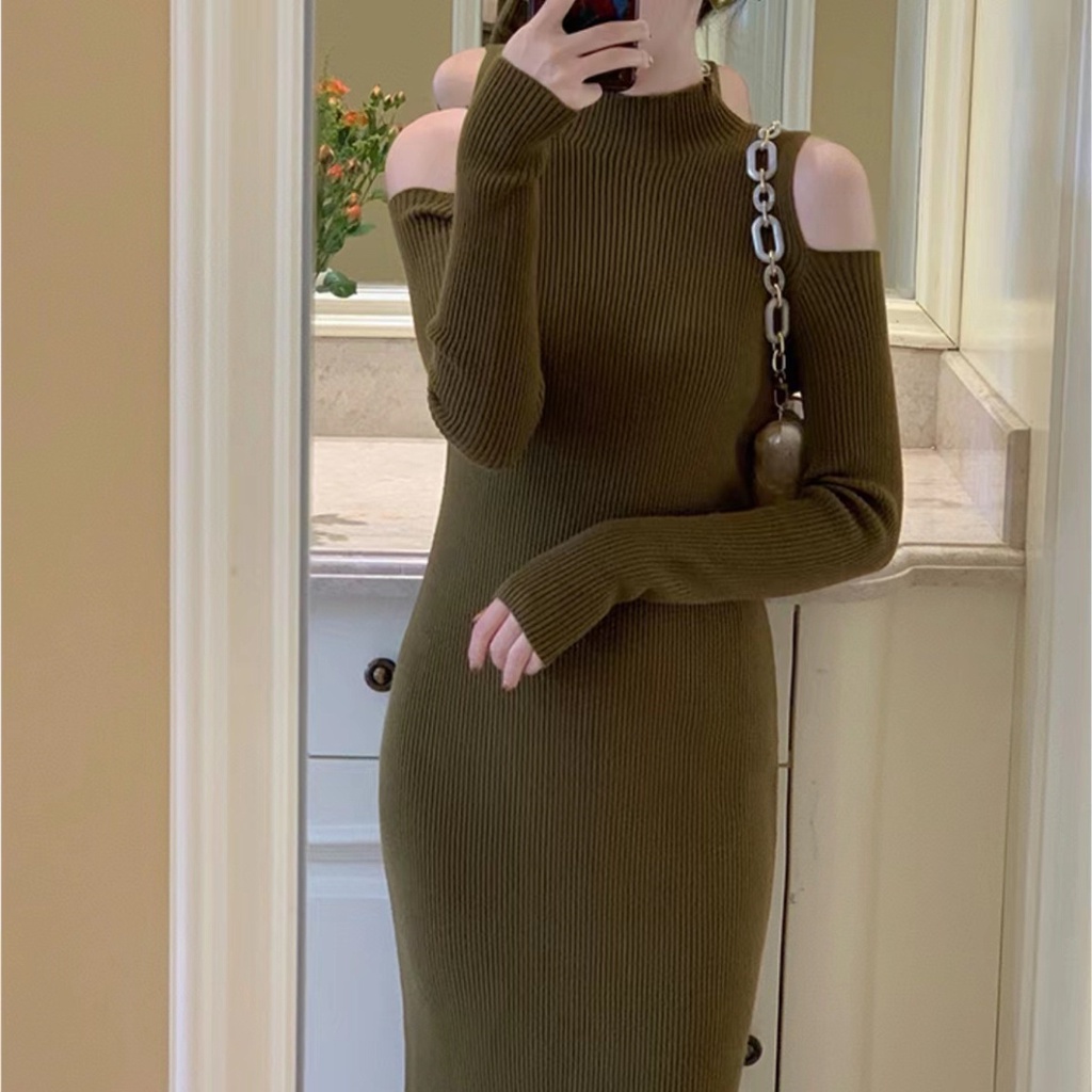 Đầm maxi SUXI dáng chữ A dệt kim trễ vai màu sắc trơn phong cách cổ điển thời trang cho nữ