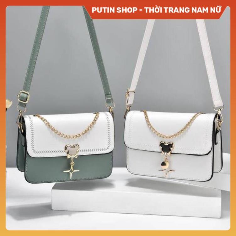 Túi Xách Nữ Đeo Chéo , Túi Sách Đeo Vai Đen Trắng Xanh Khóa Hình Chuột Mickey Phối Dây Xích Vàng Thời Trang Putin Shop