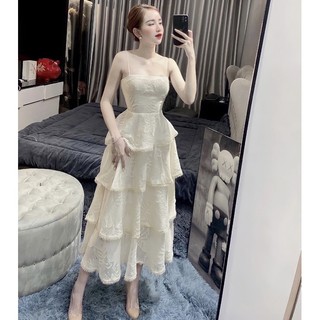 Đầm 2 dây ren xoè tầng họa tiết nổi phong cách quyến rũ ngọt ngào