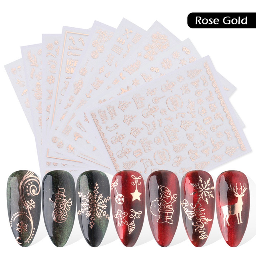 Bộ 9 Miếng Dán Móng Tay 3D Hình Bông Tuyết Tuần Lộc Giáng Sinh Lấp Lánh