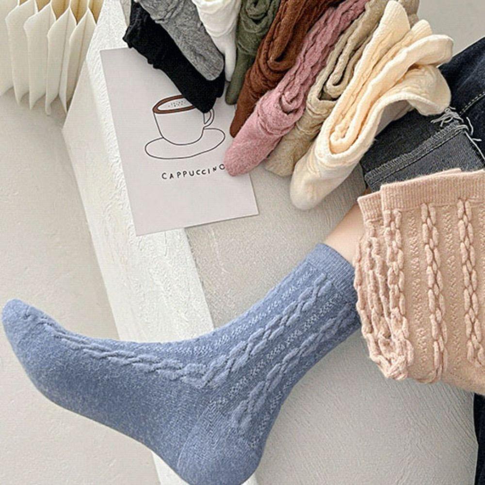 FALLFORBEAUTY Vớ Len Dày Cổ Trung Màu Sắc Trơn Giữ Ấm Mùa Thu Cho Nữ