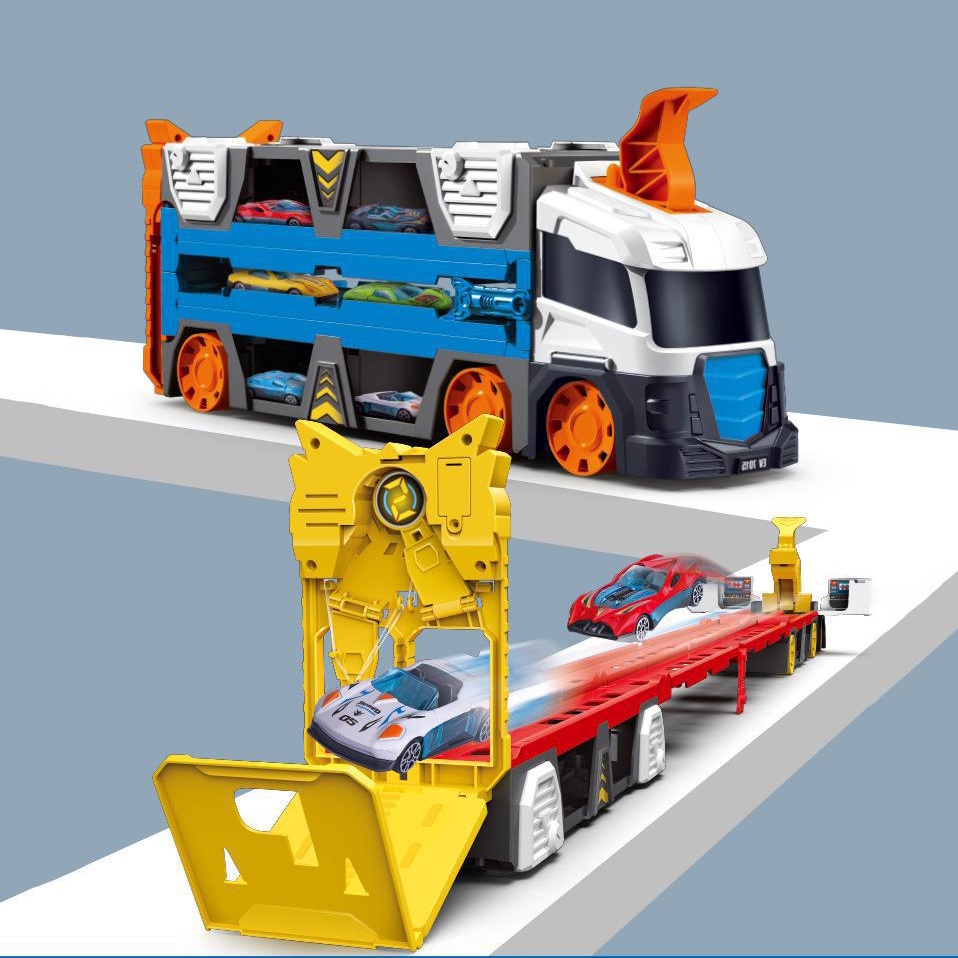 Đồ Chơi Xe Tải Container Hot Wheels Biến Hình Sân Đua Xe, Vận Chuyển Xe Ôtô Cao Cấp Tặng Kèm 6 Xe Con Và Bệ Phóng