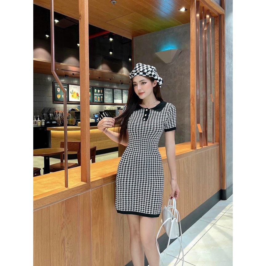 đầm gân body họa tiết phối viền cổ trụ ngắn tay hot