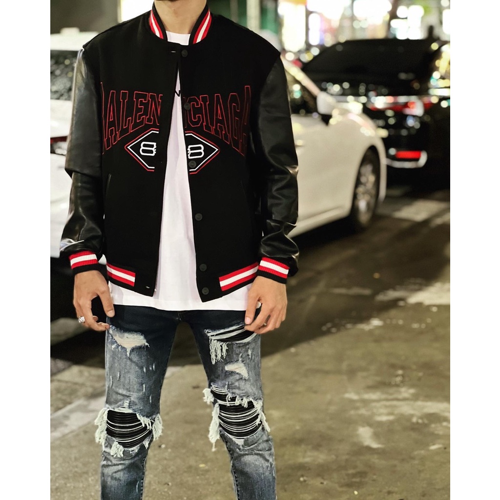 Áo Varsity Balenciaga Quảng Châu Cao Cấp. Áo Varsity Balenciaga Tay Da Thân Dạ Trẻ Trung