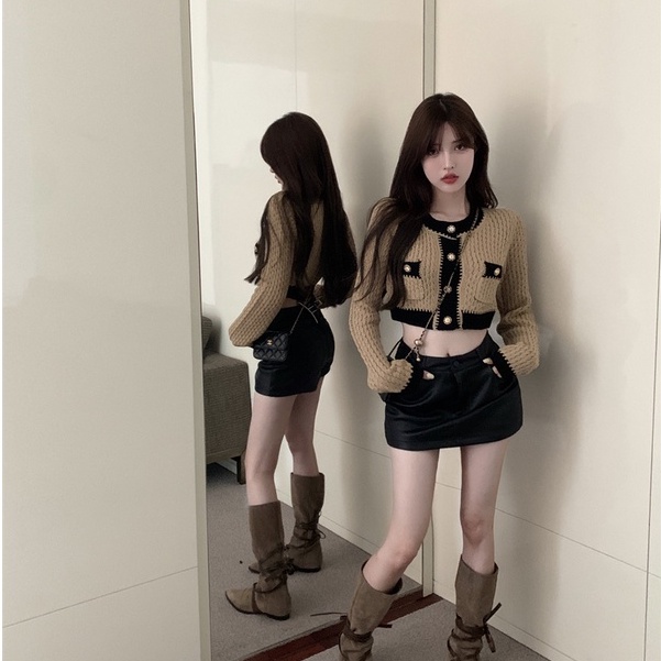 QADCOL Áo Khoác cardigan Dệt Kim Tay Dài Dáng Ngắn Phối Màu Tương Phản Thời Trang Hàn Quốc Cho Nữ