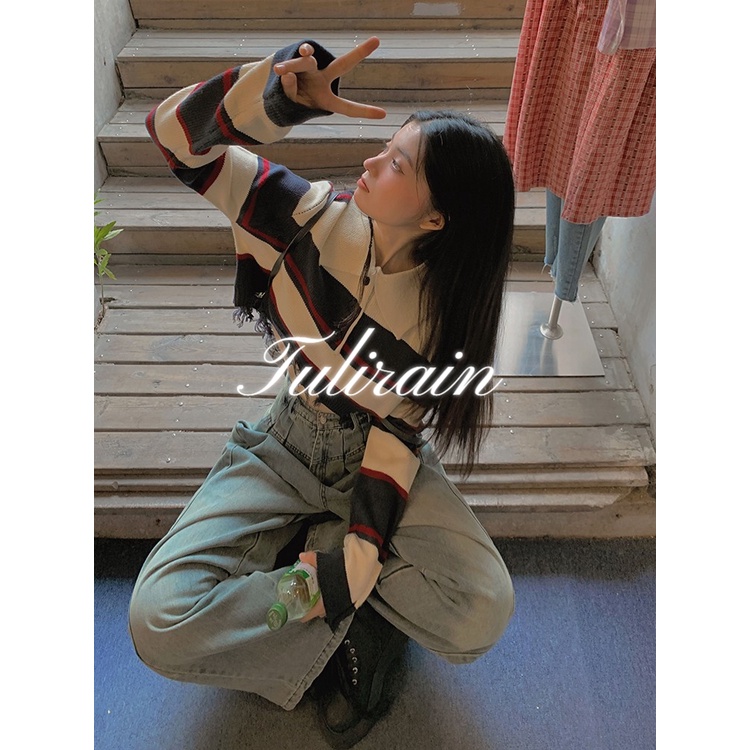 Tulirain Áo Sweater Dệt Kim Cổ Polo Đục Lỗ Phối Tua Rua Kẻ Sọc Nhỏ Đa Năng Màu Sắc Tương Phản Cho Nữ