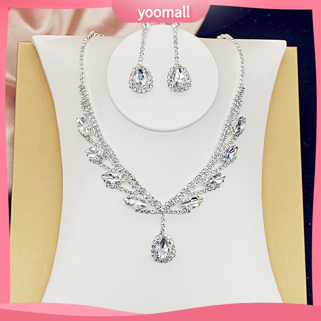 Yoomall| 1 Bộ Vòng cổ Và Bông Tai Mạ Điện Hình Giọt Nước Đính Đá Lấp Lánh Cho Cô Dâu