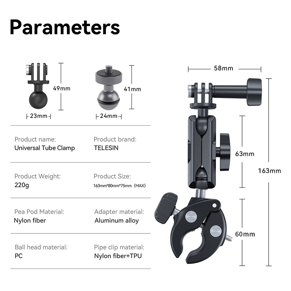 Kẹp Ghi Đông Telesin Cho GoPro, Sjcam, Yi Action, Osmo Action, Điện Thoại Trên xe đạp, xe máy, mô tô hợp kim nhôm