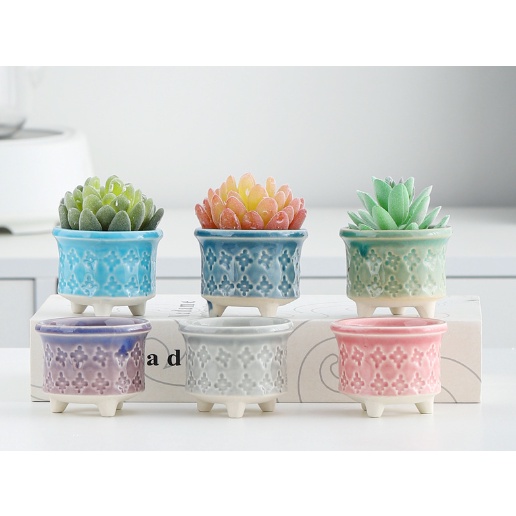 Chậu cây gốm sứ pastel hoa văn mini CHAUM5 trồng hoa sen đá cây cảnh cute trang trí decor để bàn ống bút cắm đồ