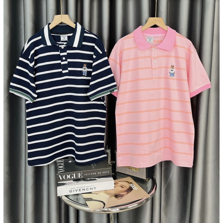 Áo unisex Whoau polo cổ bẻ sọc ngang thời trang nam nữ cặp couple trendy chuẩn gu Hàn Quốc dạo phố du lịch đi biển