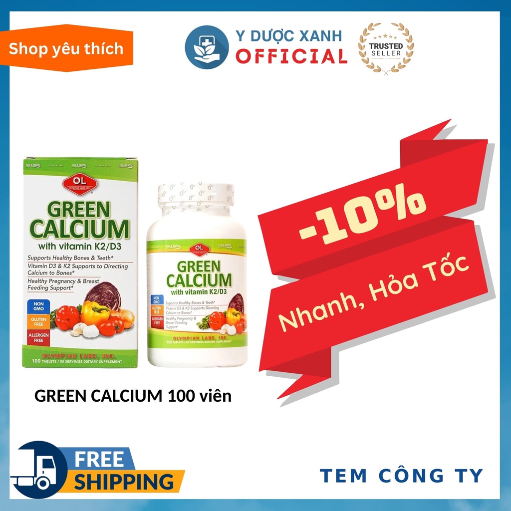 GREEN CALCIUM 100 viên, Viên uống bổ sung canxi cho trẻ em, người lớn - Y Dược Xanh