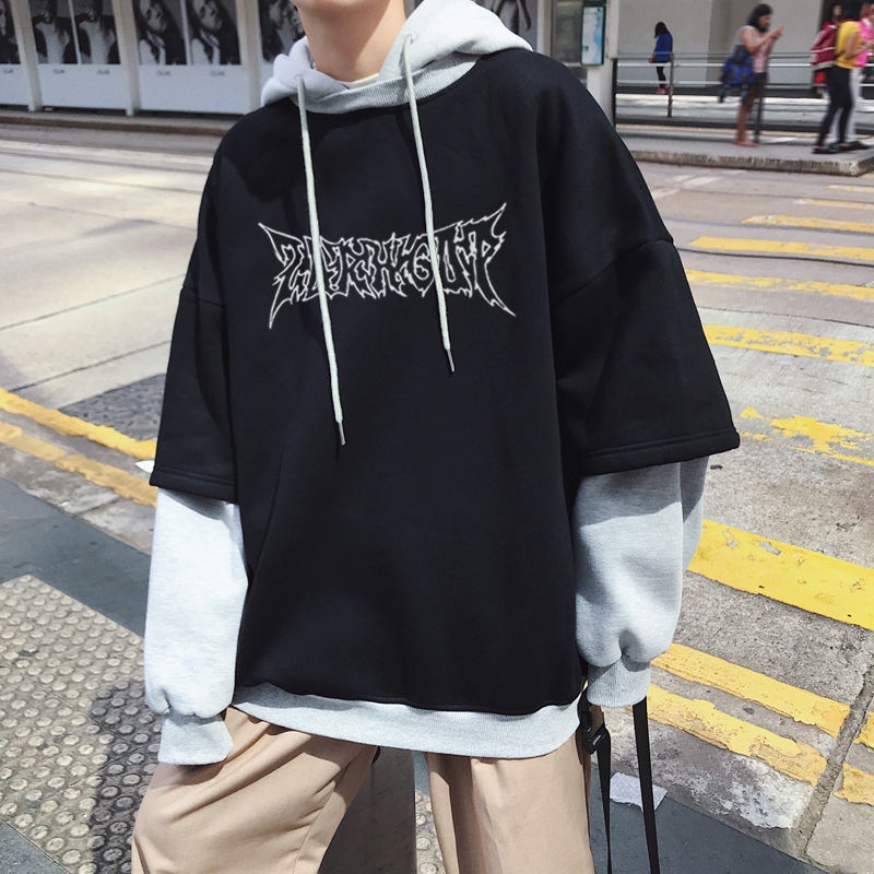 Áo Hoodie Giả Hai Lớp Lót Nhung Dáng Rộng Thời Trang Mùa Đông Cho Nam