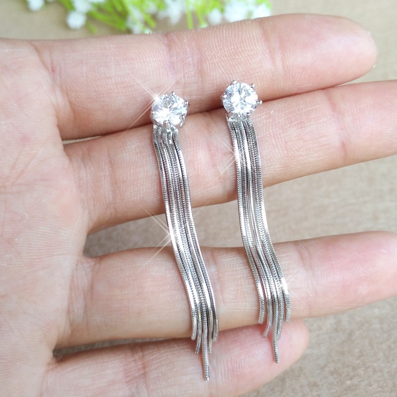 Bông Tai Dáng Dài Đính Kim Cương Giả Đơn Giản Thời Trang Theo Phong Cách Hàn Quốc