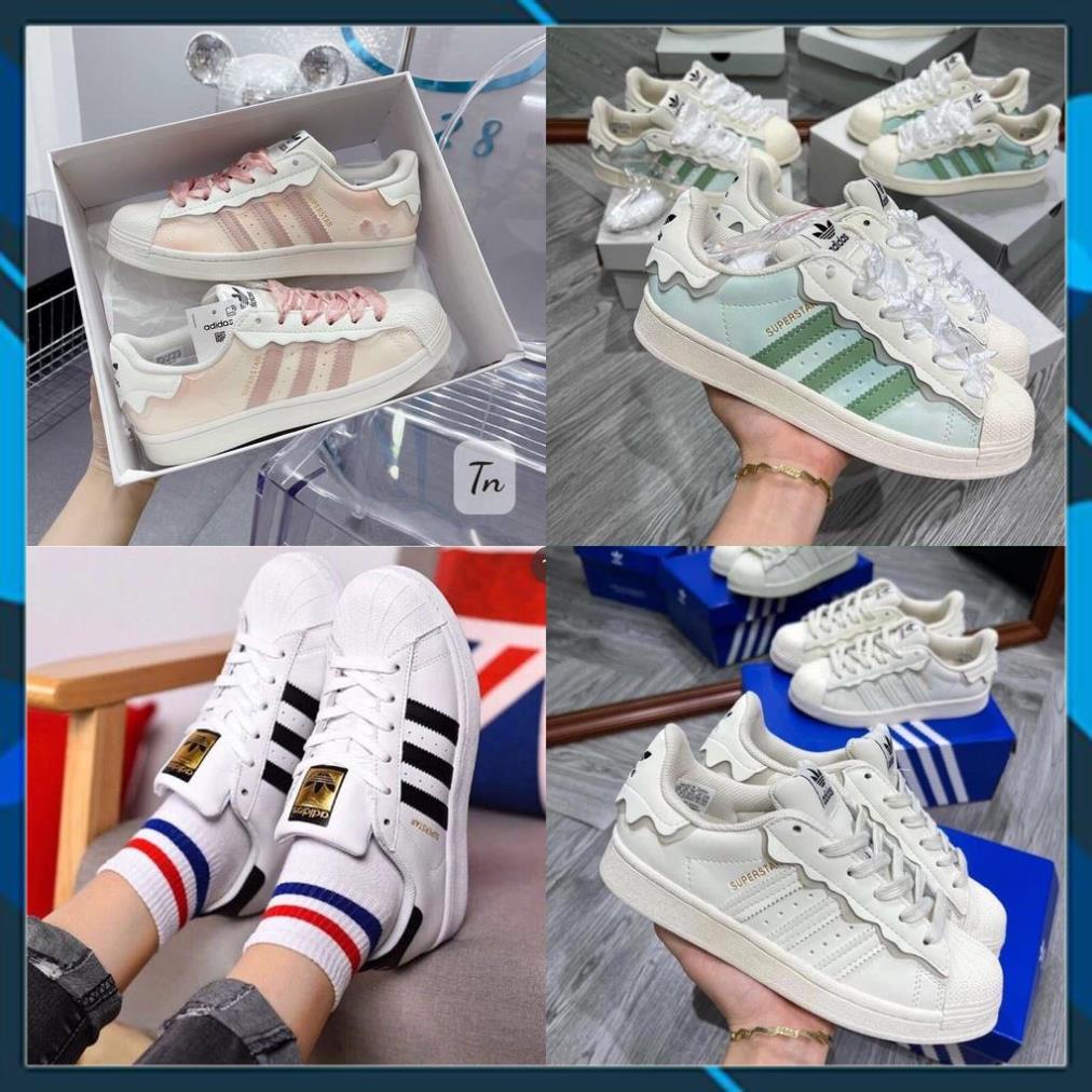 Giày thể thao adidas superstar hồng + xanh kem trắng, giầy das sò 3 sọc hồng, xanh nữ cực chất hot trend 2022