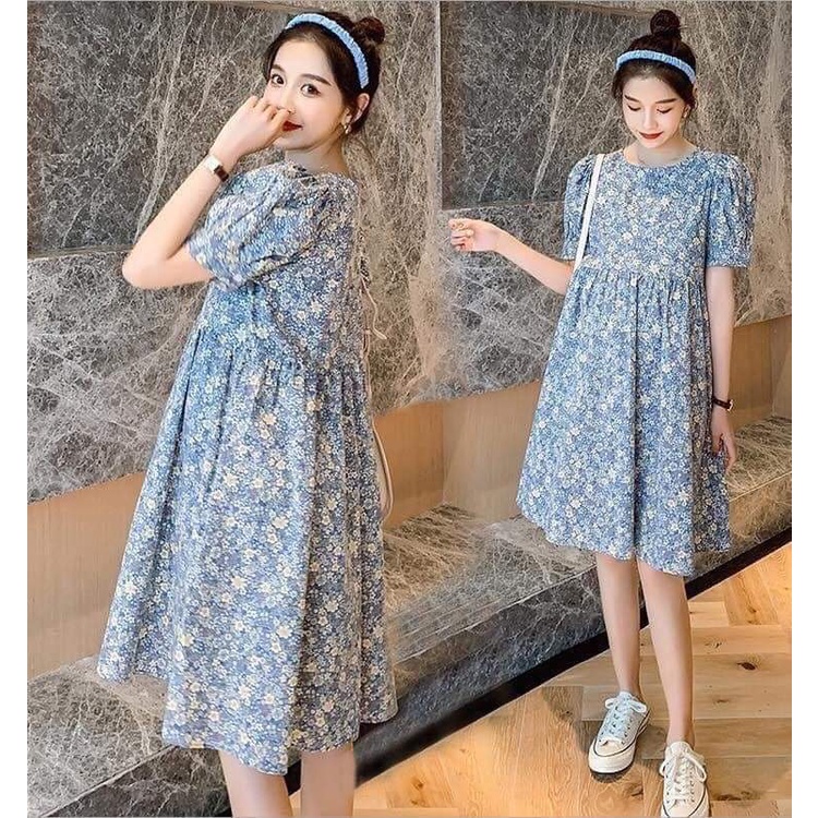 Đầm Bầu Váy Bầu Hoa Nhí Cổ sơ mi Dáng Xòe Đi Chơi Dự Tiệc Mùa Hè Dáng Dài