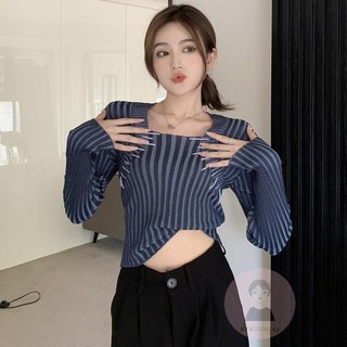 DRE-Women Knit T-shirt, Long Sleeve Crew Neck Hollowed Solid Fall T-shirt